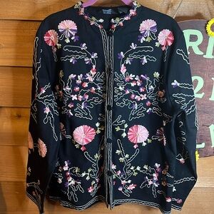 Vintage Take Two Denim Embroidered Floral Knit Lightweight Jacket Shacket XL